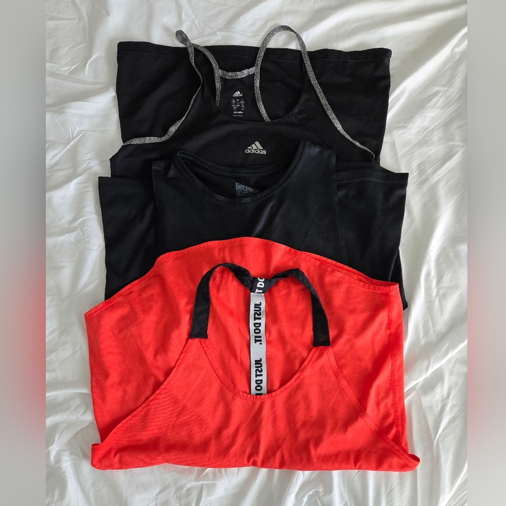 work out tank tops, set of three, orange and black, Nike and Adidas, size large
